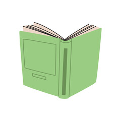 Open book with green hardcover. Reading and education concept. Hand drawn vector illustration isolated on white background. Modern flat cartoon style.