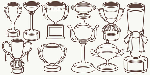 Ten Big cup Hand drawn set medal drawing isolated on white background. Doodle medal and champion trophy cup Hand drawn award decorative elements.