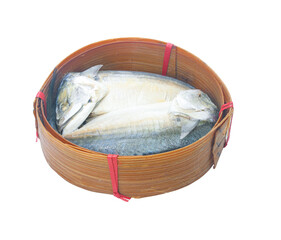 Top view of Steamed short mackerel fish, Pla Tu, in a flat-round bamboo basket, isolated on white background with clipping path..
