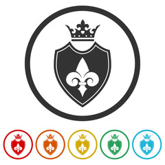 Shield with heraldic symbol of fleur de lis icons in color circle buttons