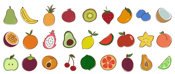 Set of colorful fruit vector on white background. Collection of banana, lemon, cherry, pineapple, peach, avocado, apple, orange with hand drawn pattern. Different fruits illustration for decorative.