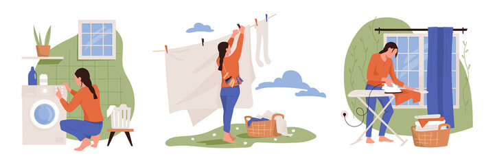 Household chores. The girl takes care of household chores. Washing clothes, hanging clothes to dry, ironing clothes. Housewife woman. Vector image.