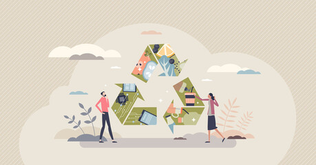 Responsible consumption or product recycling after use tiny person concept. Energy resource reduce with zero waste lifestyle or effective garbage management vector illustration. Consumerism awareness