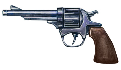 Gun painted in watercolor. Revolver isolated on white background.