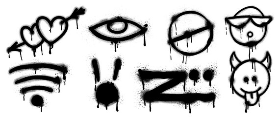Set of black graffiti spray pattern. Collection of symbols, heart, eye, icon, mark and sign with spray texture. Elements on white background for banner, decoration, street art and ads. - obrazy, fototapety, plakaty