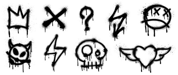 Set of black graffiti spray pattern. Collection of symbols, heart, crown,  thunder, devil, skull, arrow with spray texture. Elements on white background for banner, decoration, street art and ads.