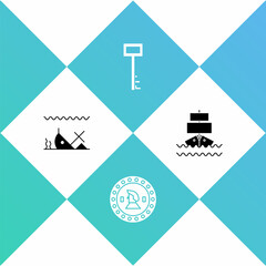 Set Sunken ship, Pirate coin, key and Ship icon. Vector