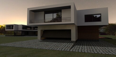 Fototapeta na wymiar Early morning in a village. Garage is openning. Luxury architecture. 3d render. Relevant for designers exploring trends in home design and construction.