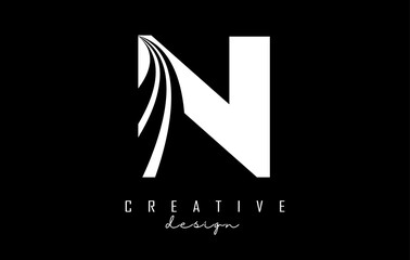 White letter N logo with leading lines and road concept design. Letter N with geometric design.