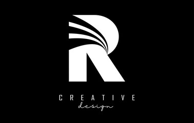White letter R logo with leading lines and road concept design. Letter R with geometric design.