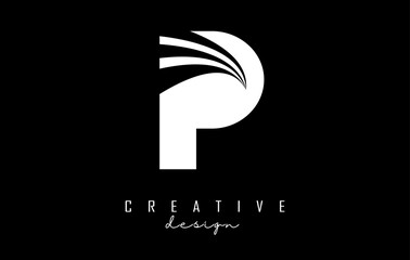 White letter P logo with leading lines and road concept design. Letter P with geometric design.