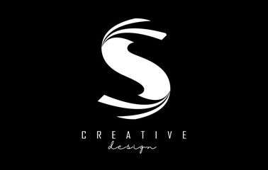Fototapeta premium White letter S logo with leading lines and road concept design. Letter S with geometric design.