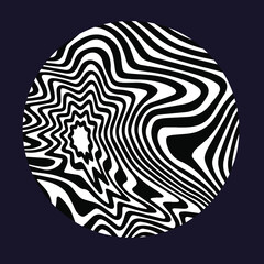 Black and white circle with glitched and distorted texture. Abstract trippy illustration for poster or logotype.
