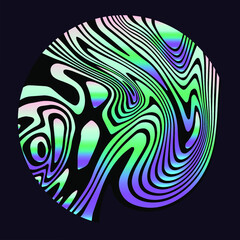 Holographic circle with glitched curves and wavy lines. Abstract geometric illustration for poster or logotype.