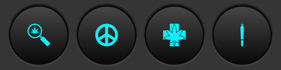 Set Magnifying glass and marijuana, Peace, Medical or cannabis leaf and Marijuana joint icon. Vector