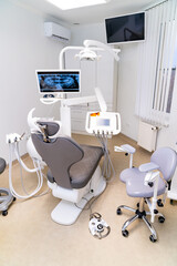 Dental white stomatology modern cabinet. Teeth healthcare dentistry interior.