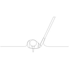 Continuous line drawing of golf club and ball. Vector illustration.