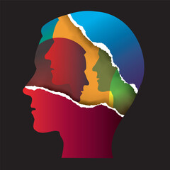 Schizophrenia, Bipolar disorder, mental health concept. 
Ripped paper Male head stylized silhouettes.Isolated on black background. Vector availab