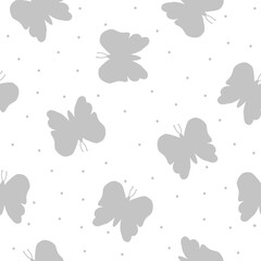 Naklejka na ściany i meble Simple butterfly pattern. Cute grey butterflies and dots on white background. Fashionable print for textiles and wallpaper.