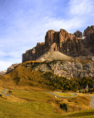 Dolomites mountain group Sella viewed from Passo Gardena in the afternoon soft sun, South Tirol, Italy