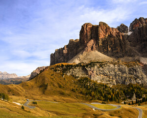 Dolomites mountain group Sella viewed from Passo Gardena in the afternoon soft sun, South Tirol, Italy