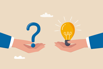 Question and answer, solving problem or business solution, ask for reply or idea to solve difficulty and trouble, FAQ concept, businessman hand holding question mark with other reply with lightbulb. - 513892767