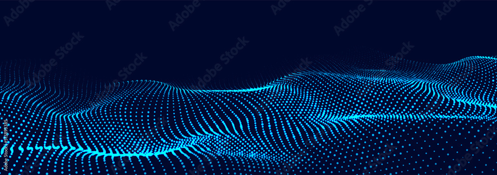 Poster dynamic blue particle wave. futuristic point glowing wave. flow digital structure. data technology b