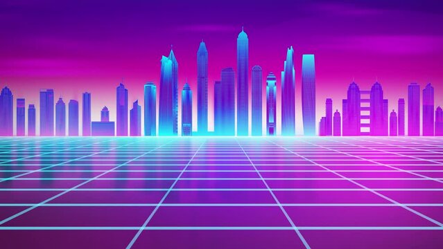 Retro wave seamless loop 80s. City 80s future retro illustration. Retro laser city cyber concept. Futuristic city with purple night sky sunset 4k animation.