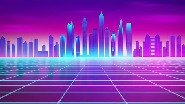 Retro wave seamless loop 80s. City 80s future retro illustration. Retro laser city cyber concept. Futuristic city with purple night sky sunset 4k animation.