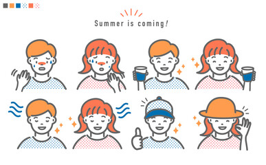 熱中症対策 女の子と男の子の上半身 イラスト_パステルカラー