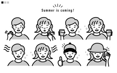熱中症対策 女の子と男の子の上半身 イラスト_モノトーン
