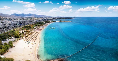 Rideaux velours Athènes Aerial view of the beautiful Akti Iliou beach at the south coast of Athens, Alimos, Greece, during summertime
