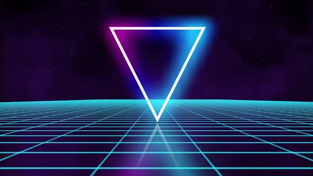 Triangle synthwave Retro futuristic seamless animation game grid. Neon digital triangle synthwave wireframe landscape. Space 4k animation.