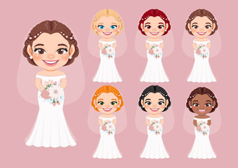 Set of Diverse Bride or Marriage Design Concept Vector