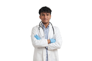 Young peruvian male doctor with arms crossed looking at camera. Isolated over white background.