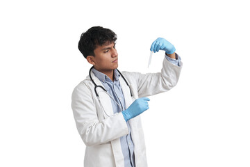 Young peruvian male doctor examining a test tube. Isolated over white background.
