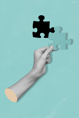 Vertical composite collage picture of human hand fingers black white effect hold last piece puzzle isolated on creative background