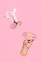 Vertical collage image of big arm demonstrate v-sign girl legs wear rollerblades through hole...
