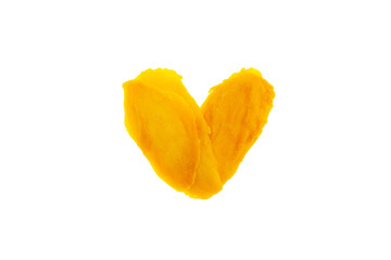 Dried Mango Fruit on white background. Mango slices in heart shaped. Healthy vegan snacks.