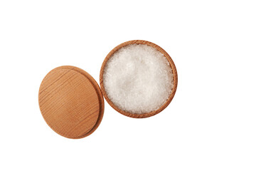 Msg. Food additive E621. Glutamic acid monosodium salt in wooden bowl, top view. Flavor seasoning for enhancing food impressions