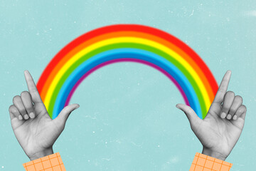 Composite collage picture of colorful rainbow between two hands fingers black white effect isolated on drawing background