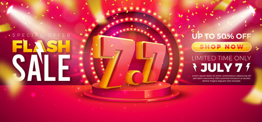 7 July Shopping Day Flash Sale Design with 3d 7.7 Number and Stage Podium on Red Background. Vector Special Offer Illustration for Coupon, Voucher, Banner, Flyer, Promotional Poster, Invitation or