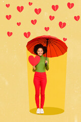Vertical collage image of positive lovely girl hand hold heart symbol postcard umbrella protect broken feelings