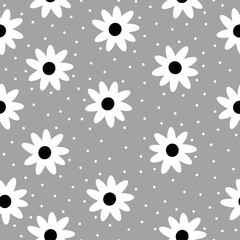 Fototapeta premium Simple vintage pattern. White flowers and dots . gray background. Fashionable print for textiles and wallpaper.