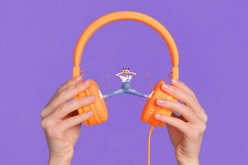 Creative collage picture of huge hands hold headphones mini girl split legs stand between earphones isolated on violet background