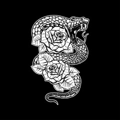 Snake on the background with roses. Design element for poster, t shirt, card, banner. Vector illustration