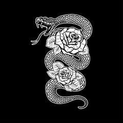 Snake on the background with roses. Design element for poster, t shirt, card, banner. Vector illustration