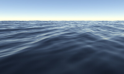 3D rendering sea on blue sky sunset. Ocean surface panorama.Landscape sunlight background. Surface seascape on scene summer season.Travel wallpaper.Nature wave water horizontal. Outdoor in sea