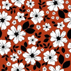Simple vintage pattern. Wonderful white flowers, black leaves. Terracotta background. Fashionable print for textiles and wallpaper.