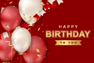 luxury happy birthday greeting template with balloon, birthday flag and glitter	